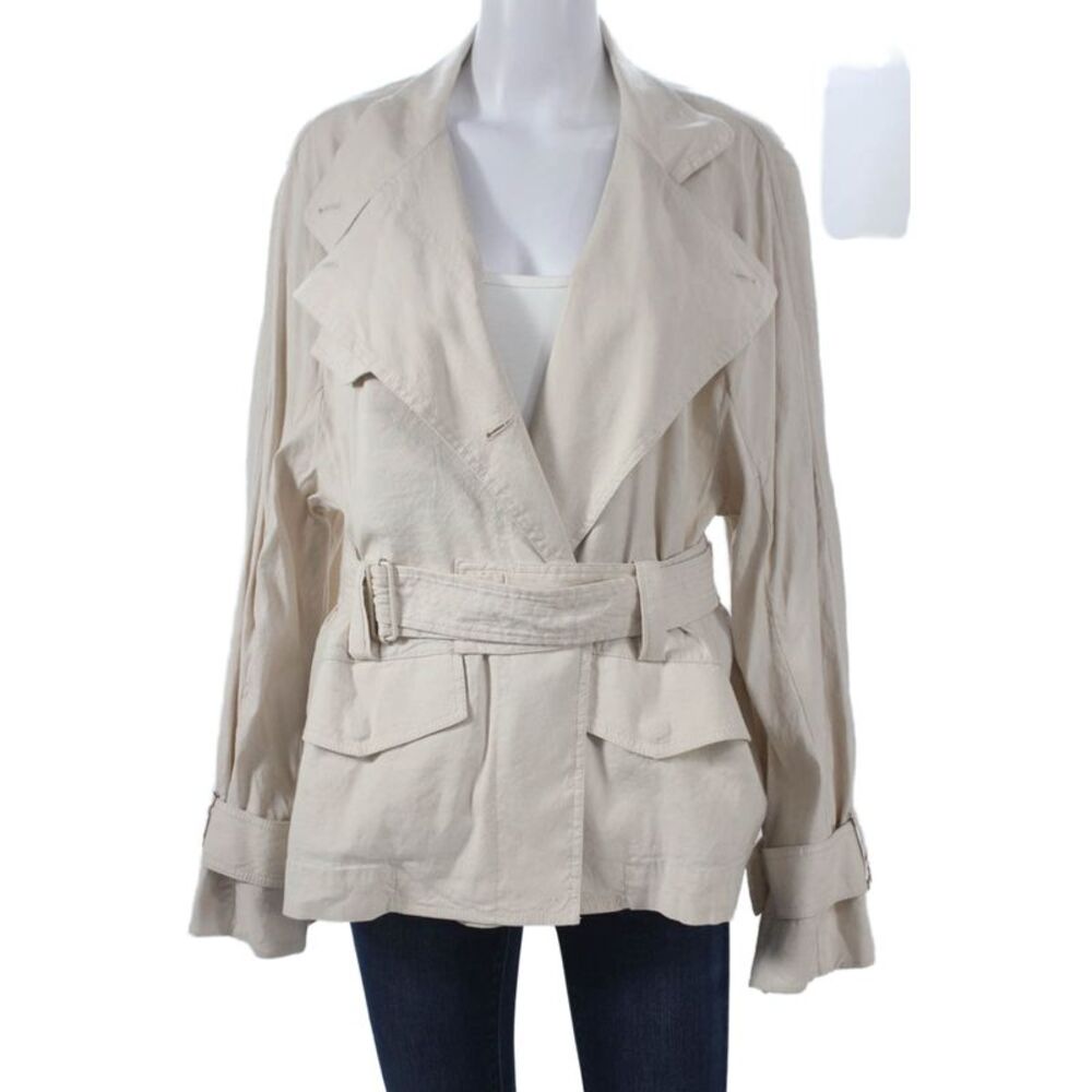 Vince Women Beige Trench Coat Button Long Sleeve Linen Blend Size L